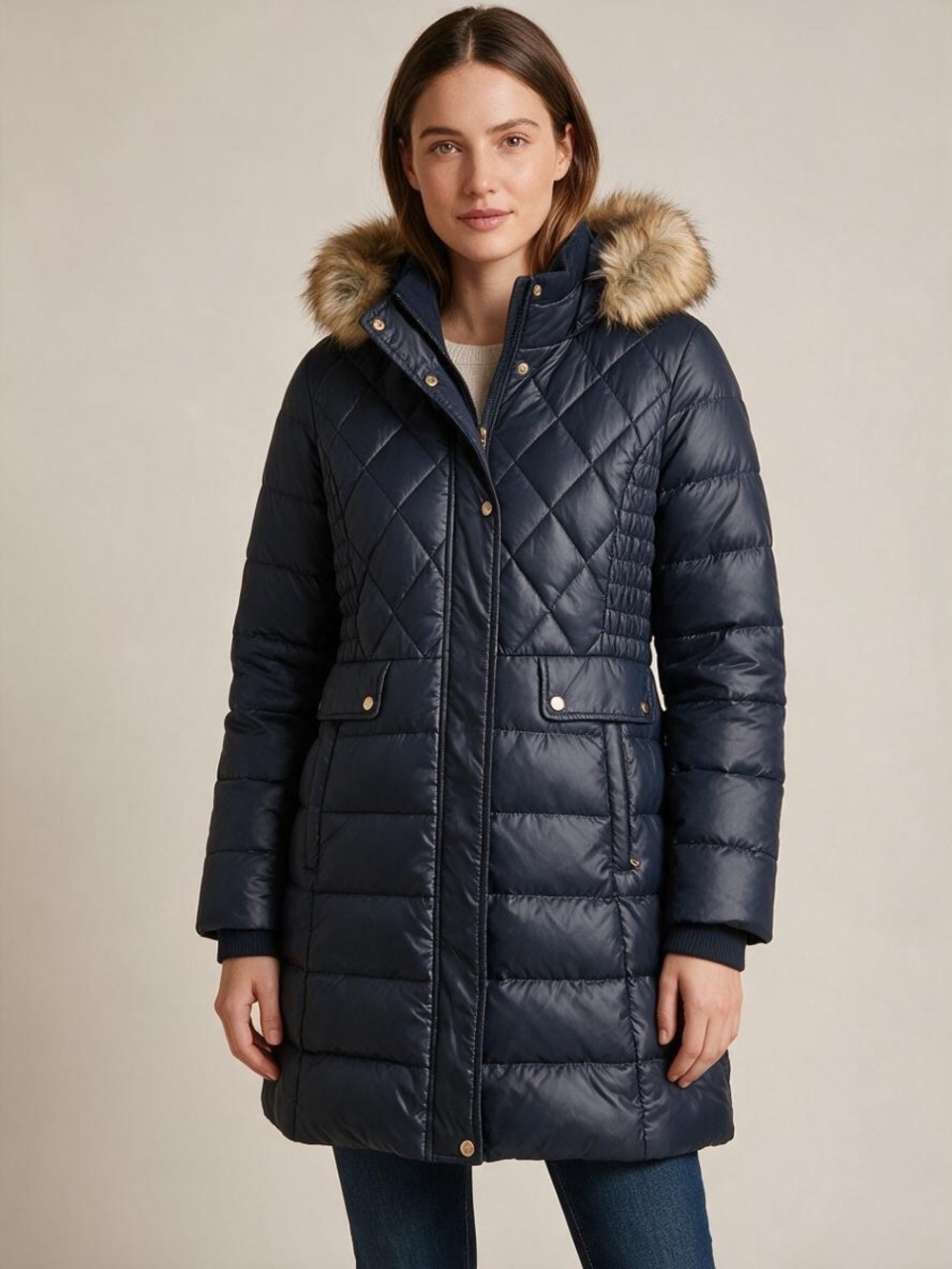 NWT Jones New York Navy Long Puffer Coat Med Faux Fur Hood Quilted Winter